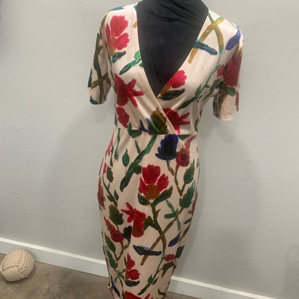 Zara Cream Wrap Midi Dress with Red & Green Floral Print